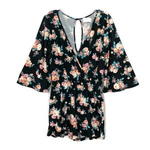 Stitch Fix French Grey black floral romper flared quarter sleeves